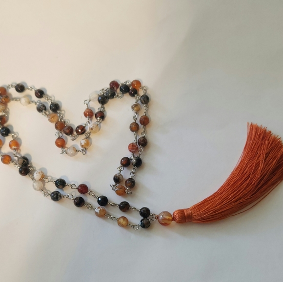 Orange and Brown Beaded Tassel Necklace - Picture 2 of 11